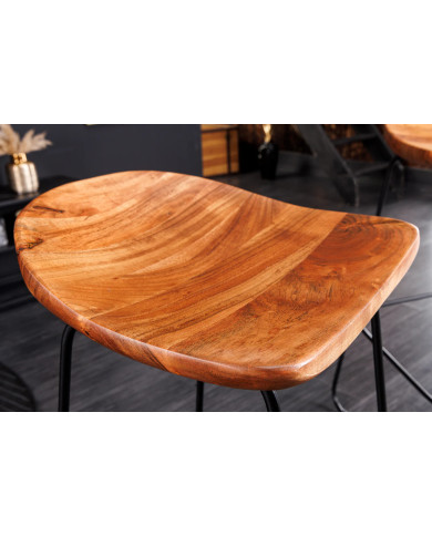 Tabouret de bar en bois véritable d'acacia verni et pieds métal Léo