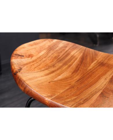 Tabouret de bar en bois véritable d'acacia verni et pieds métal Léo