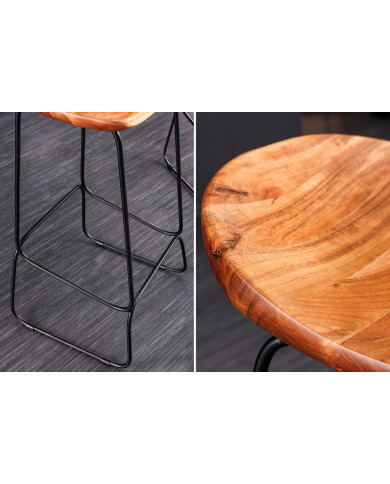 Tabouret de bar en bois véritable d'acacia verni et pieds métal Léo