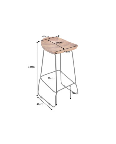 Tabouret de bar en bois véritable d'acacia verni et pieds métal Léo