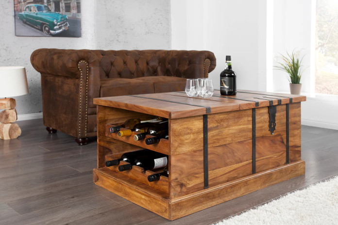 Table basse coffre bar en bois massif de sheesham naturel 100 cm Cavisto