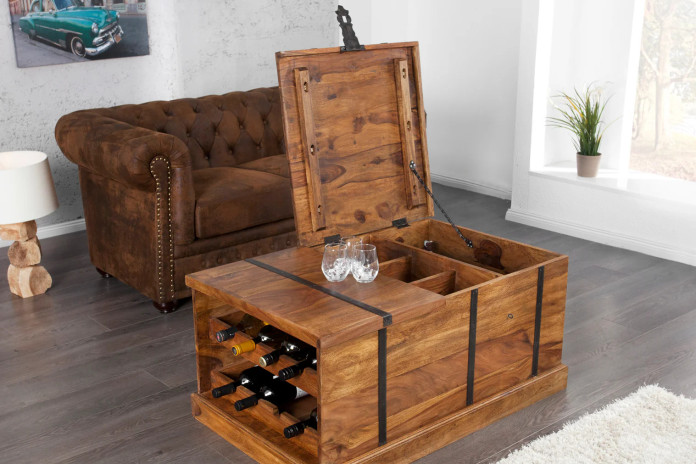 Table basse coffre bar en bois massif de sheesham naturel 100 cm Cavisto