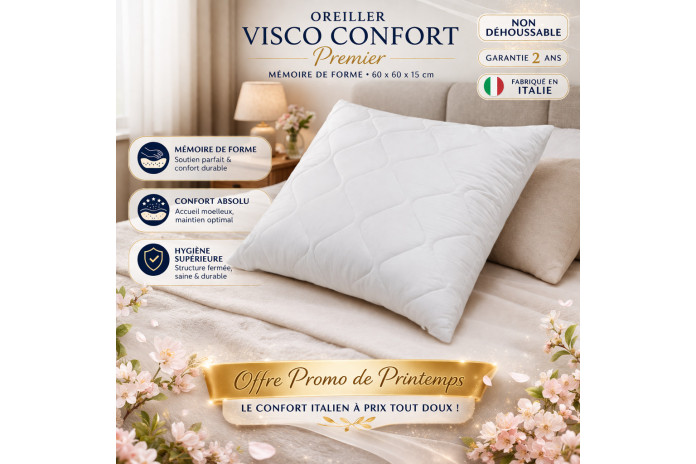 Oreiller Mémoire de Forme Visco Confort Premier 60x60 - Fabriqué en Italie