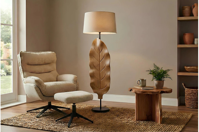 Lampadaire Sculptural Bois Teck & Lin BALI 131cm