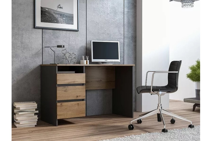 Bureau avec trois tiroirs 130 cm x 74 cm x 13 cm chêne wotan et gris anthracite Luka
