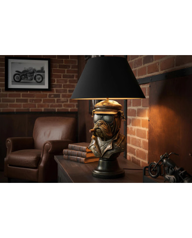 Lampe de table 55 cm Sculpture Bulldog Bronze et Abat-jour Noir MARLON
