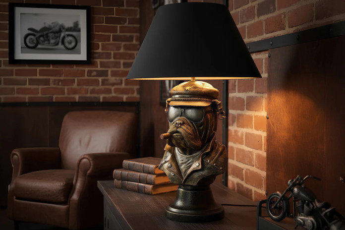 Lampe de table 55 cm Sculpture Bulldog Bronze et Abat-jour Noir MARLON