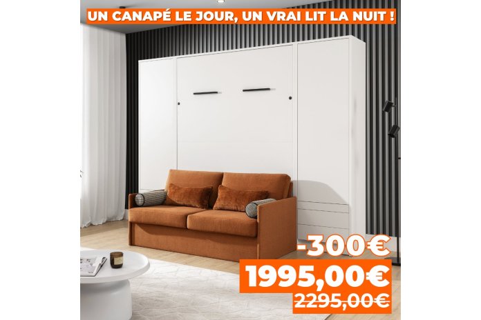 Armoire lit escamotable avec canapé 140×200 blanc mate