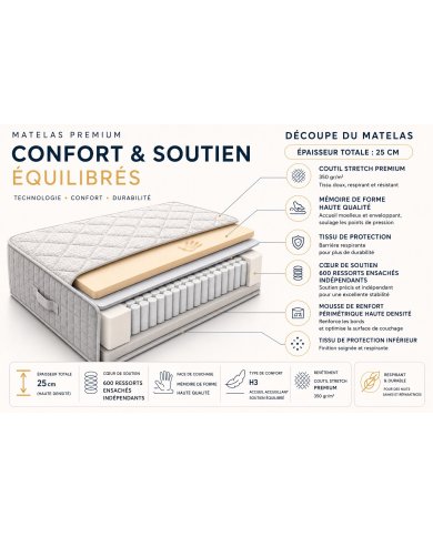 Matelas mémoire de forme & ressorts ensachés 25 cm
