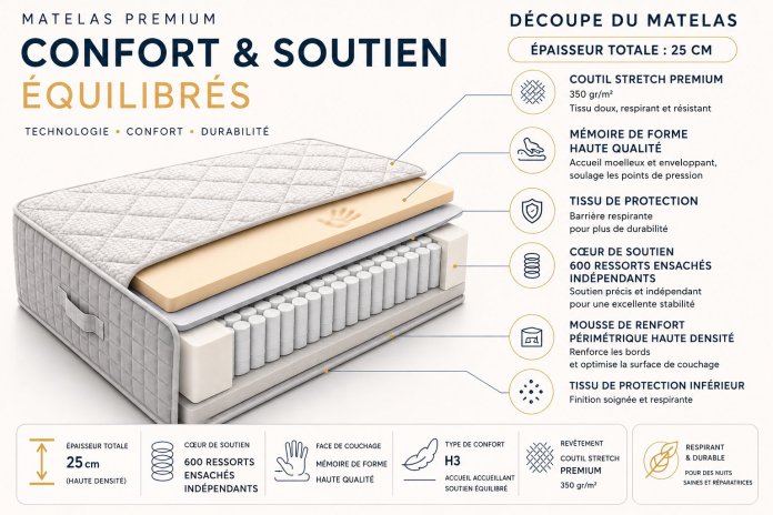 Matelas mémoire de forme & ressorts ensachés 25 cm EDENIA