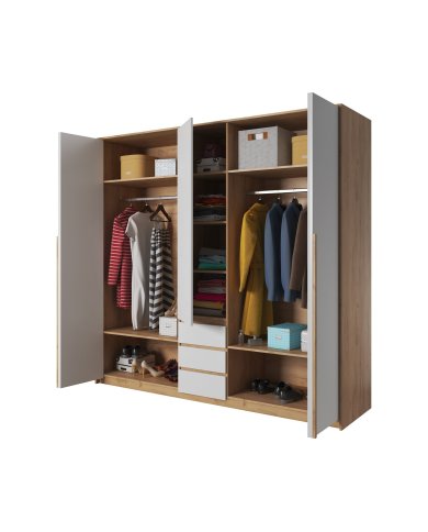 Armoire Design 3 Portes Pliantes et 3 Tiroirs LEXO en Chêne et Blanc
