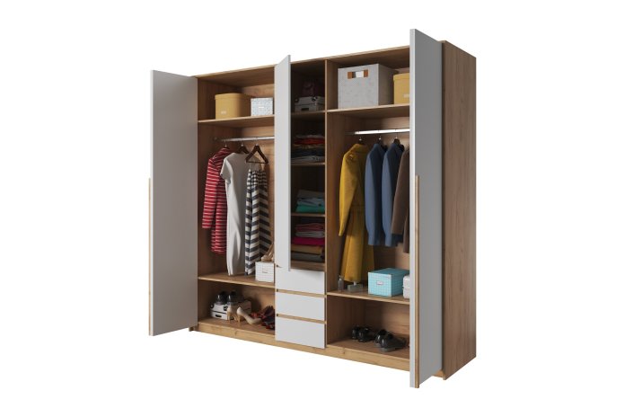 Armoire Design 3 Portes Pliantes et 3 Tiroirs LEXO en Chêne et Blanc