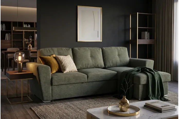 Canapé convertible vert 245 cm avec rangement MALO
