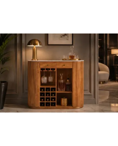 Meuble bar manguier et marbre blanc 120 cm MADISON