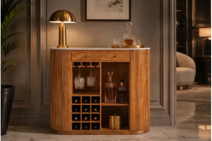 Meuble bar manguier et marbre blanc 120 cm MADISON