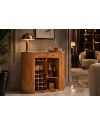 Meuble bar manguier et marbre blanc 120 cm MADISON