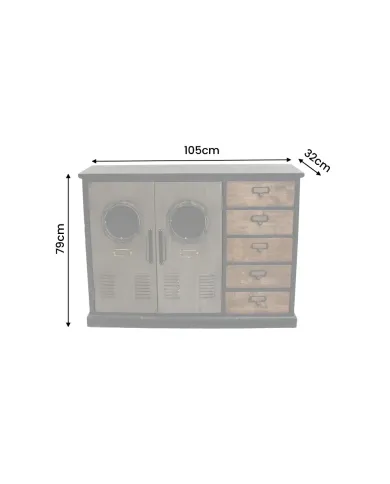 Buffet Industriel Pin Vintage et Hublots en Verre 105 cm DOCKER