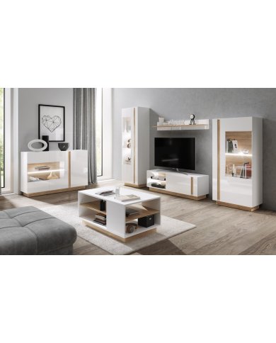 Commode Buffet Blanc Brillant et Chêne 138 cm - OSLO | Mobili & Co