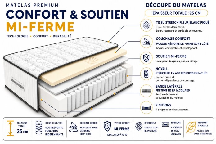 Matelas Hybride Dreamlux : Ressorts & Mémoire de formes| Altera Mobilier