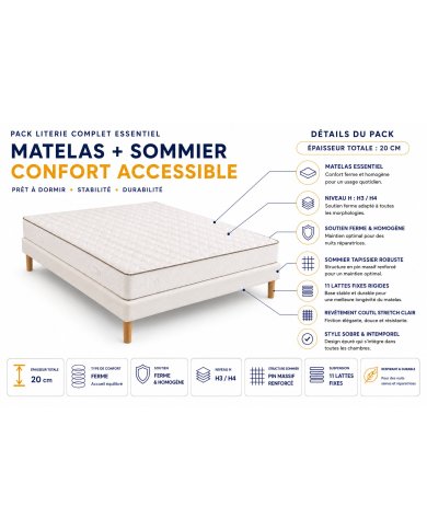 Pack Matelas + Sommier Essentiel | Literie complète pas chère