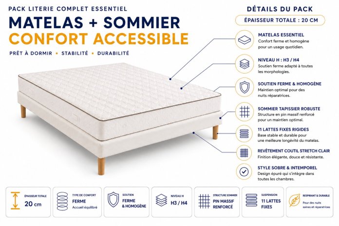 Pack Matelas + Sommier Essentiel | Literie complète pas chère