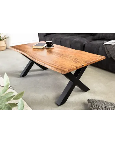 Table basse bois d'acacia 25 mm et pieds en X finition miel 120 cm AMMUT