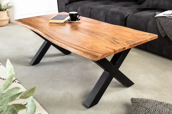 Table basse bois d'acacia 25 mm et pieds en X finition miel 120 cm AMMUT