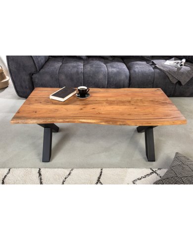 Table basse bois d'acacia 25 mm et pieds en X finition miel 120 cm AMMUT