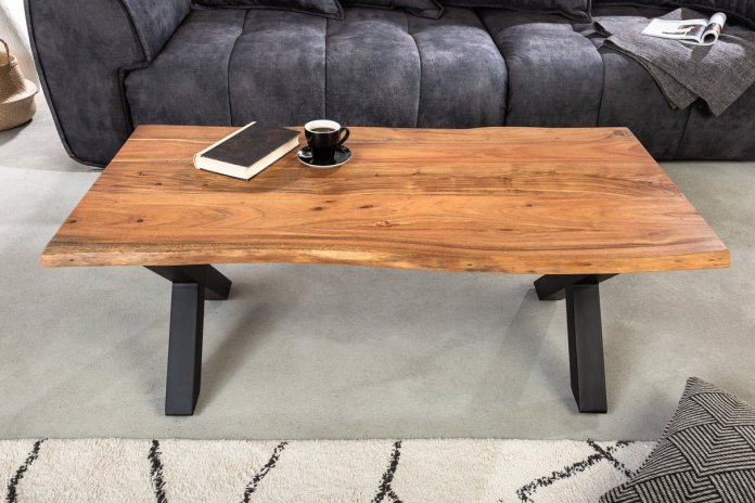 Table basse bois d'acacia 25 mm et pieds en X finition miel 120 cm AMMUT