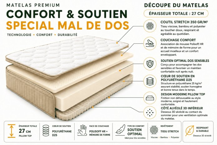 -30% Matelas Bambou 27cm : Confort Dos Sensible | Altera Mobilier