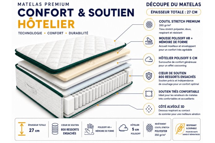 Matelas Farmastatic Pillow Top 27cm | Ressorts & Polysoff mémoire| Altera Mobilier