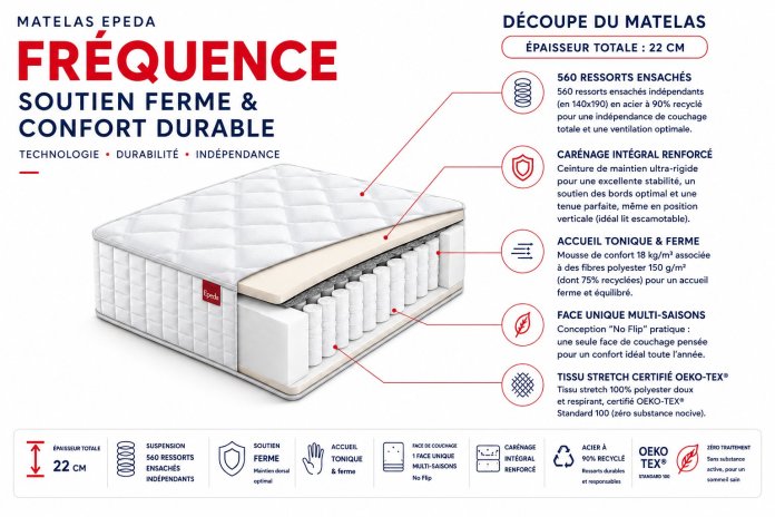 Matelas Epeda Fréquence 22cm | Ressorts Ensachés Fabriqué en France
