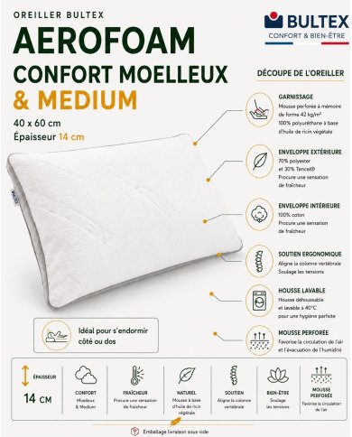 Oreiller BULTEX Aerofoam 40x60 | Mémoire de Forme & Tencel | Altera Mobilier