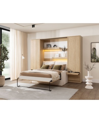 Lit escamotable avec canapé 140×200 chêne huilé DELUXE