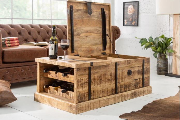 Table basse coffre bar en bois massif de manguier naturel 100 cm Cavisto