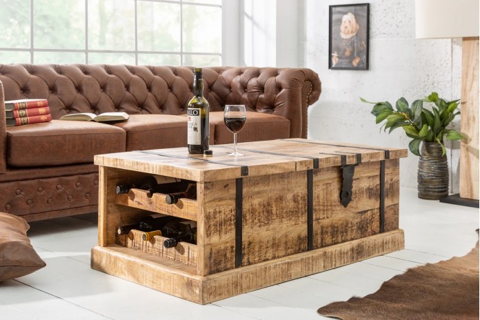 Table basse coffre bar en bois massif de manguier naturel 100 cm Cavisto