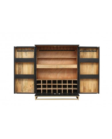 Armoire buffet bar en bois de manguier avec tiroirs, porte verre et porte bouteille 140 cm AMMONIS