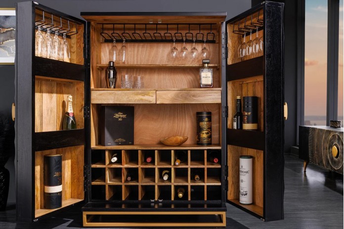 Armoire buffet bar en bois de manguier avec tiroirs, porte verre et porte bouteille 140 cm AMMONIS
