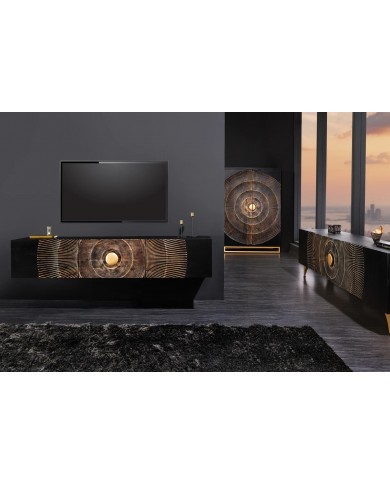 Armoire buffet bar en bois de manguier avec tiroirs, porte verre et porte bouteille 140 cm AMMONIS