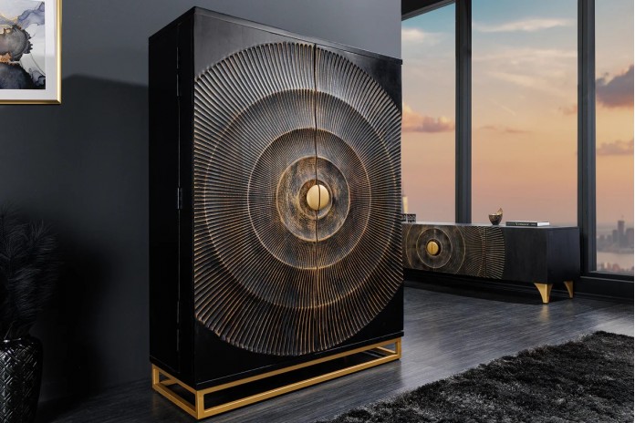 Armoire buffet bar en bois de manguier avec tiroirs, porte verre et porte bouteille 140 cm AMMONIS