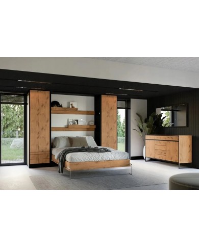 Armoire lit escamotable relevable vertical 140x200 cm chêne lancelot et noir Premium