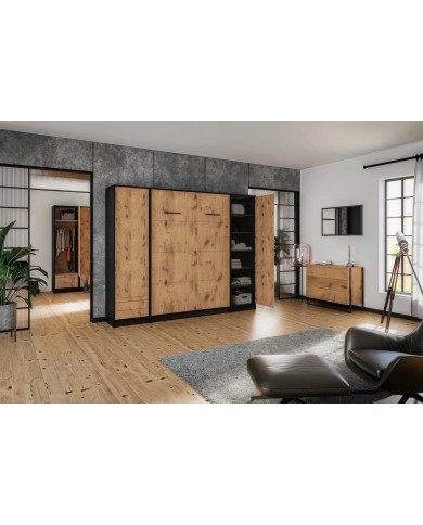 Armoire lit escamotable relevable vertical 140x200 cm chêne lancelot et noir Premium