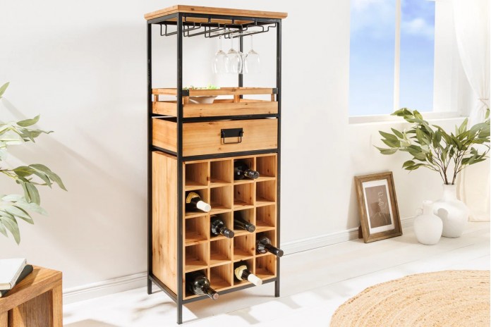 Bar étagère à vin 120 cm pour bouteilles et verres en bois de pin BLACK PEARL