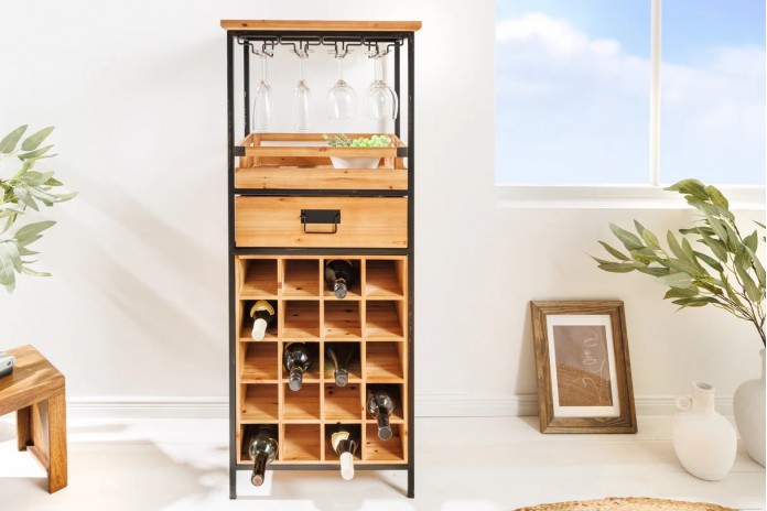 Bar étagère à vin 120 cm pour bouteilles et verres en bois de pin BLACK PEARL