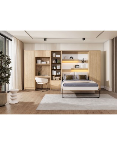 Pack : Armoire lit escamotable avec canapé intégré 140x200 cm Chêne huilé  + 2 armoires Chêne huilé + Matelas  140x200 cm