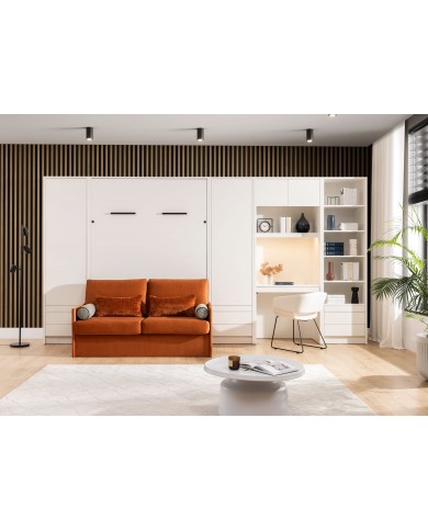 Armoire lit escamotable avec canapé Intégré 140x200 cm blanc mat + Matelas 140x200 cm + 2 oreillers offerts
