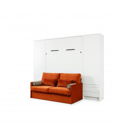 Armoire lit escamotable avec canapé Intégré 140x200 cm blanc mat + Matelas 140x200 cm + 2 oreillers offerts