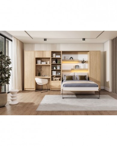 Armoire lit escamotable avec canapé Intégré 140x200 cm Chêne huilé + Matelas 140x200 cm + 2 oreillers offerts