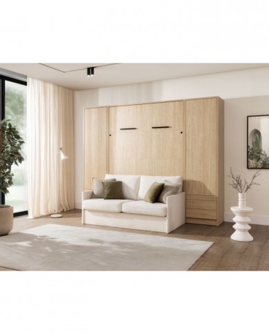 Armoire lit escamotable avec canapé Intégré 140x200 cm Chêne huilé + Matelas 140x200 cm + 2 oreillers offerts