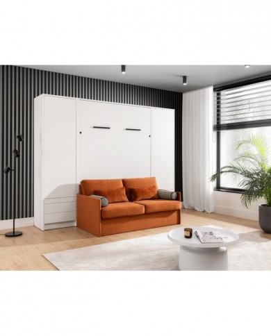 Pack : Armoire lit escamotable avec canapé intégré 140x200 cm blanc mat + 2 armoires blanc mat + Matelas 140x200 cm